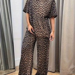 Kadın Kısa Kollu Bisiklet Yaka Iki Iplik Leopar Desenli Bluz Ve Pantolon Ikili Takım, 32798