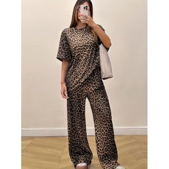 Kadın Kısa Kollu Bisiklet Yaka Iki Iplik Leopar Desenli Bluz Ve Pantolon Ikili Takım, 32798