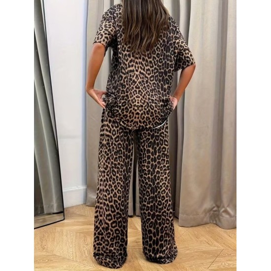 Kadın Kısa Kollu Bisiklet Yaka Iki Iplik Leopar Desenli Bluz Ve Pantolon Ikili Takım, 32798