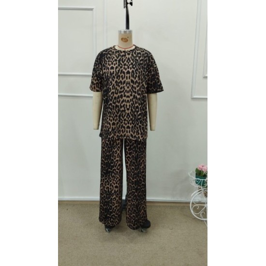 Kadın Kısa Kollu Bisiklet Yaka Iki Iplik Leopar Desenli Bluz Ve Pantolon Ikili Takım, 32798