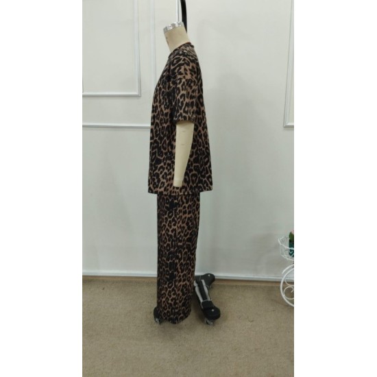 Kadın Kısa Kollu Bisiklet Yaka Iki Iplik Leopar Desenli Bluz Ve Pantolon Ikili Takım, 32798