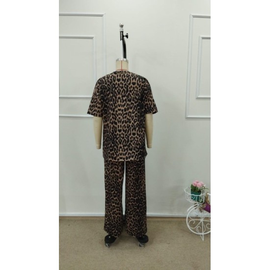 Kadın Kısa Kollu Bisiklet Yaka Iki Iplik Leopar Desenli Bluz Ve Pantolon Ikili Takım, 32798