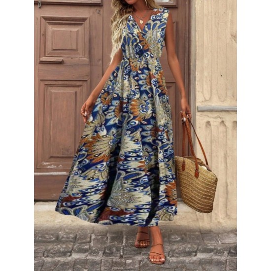 Kadın Askılı Kruvaze Yakalı Uzun Desenli Kemersiz Süprem Elbise, 32797