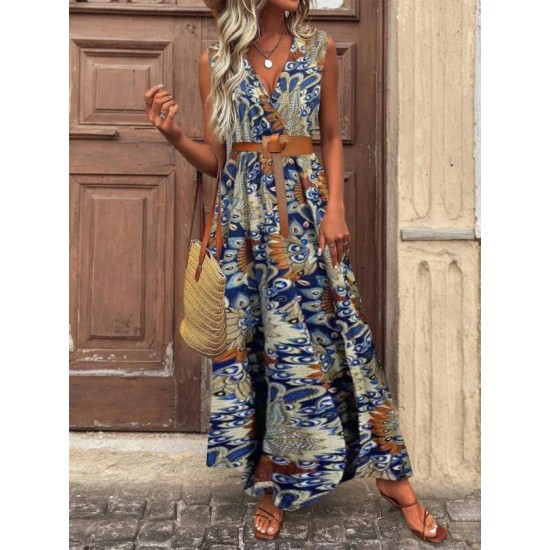 Kadın Askılı Kruvaze Yakalı Uzun Desenli Kemersiz Süprem Elbise, 32797