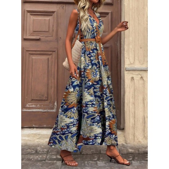 Kadın Askılı Kruvaze Yakalı Uzun Desenli Kemersiz Süprem Elbise, 32797