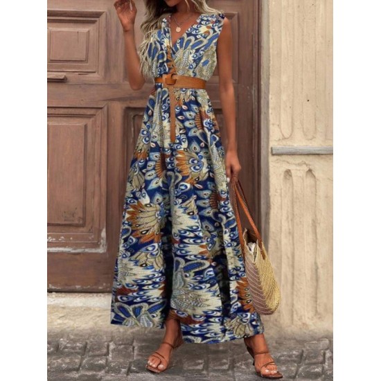 Kadın Askılı Kruvaze Yakalı Uzun Desenli Kemersiz Süprem Elbise, 32797