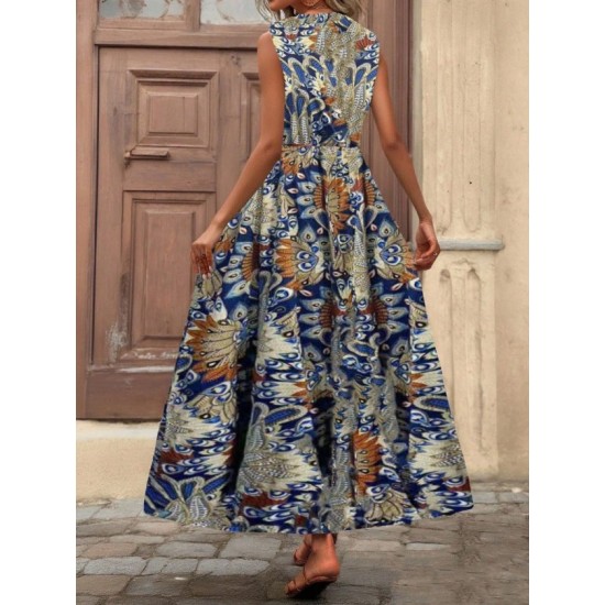 Kadın Askılı Kruvaze Yakalı Uzun Desenli Kemersiz Süprem Elbise, 32797