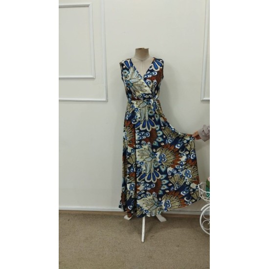 Kadın Askılı Kruvaze Yakalı Uzun Desenli Kemersiz Süprem Elbise, 32797