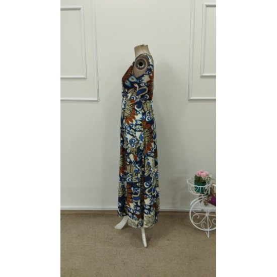 Kadın Askılı Kruvaze Yakalı Uzun Desenli Kemersiz Süprem Elbise, 32797