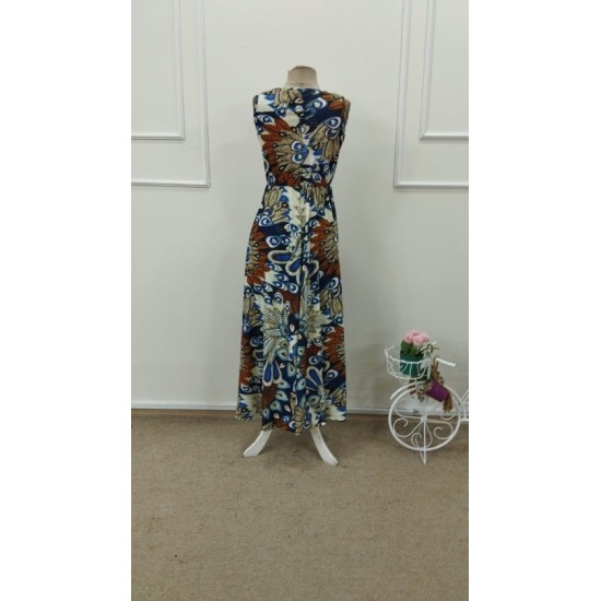 Kadın Askılı Kruvaze Yakalı Uzun Desenli Kemersiz Süprem Elbise, 32797