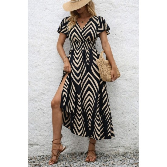 Kadın Kısa Fırfır Kollu Kruvaze Yakalı Beli Lastikli Desenli Uzun Elbise, 32793