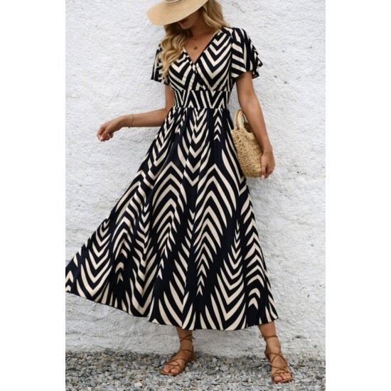 Kadın Kısa Fırfır Kollu Kruvaze Yakalı Beli Lastikli Desenli Uzun Elbise, 32793