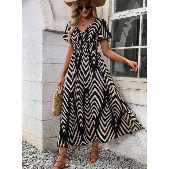 Kadın Kısa Fırfır Kollu Kruvaze Yakalı Beli Lastikli Desenli Uzun Elbise, 32793