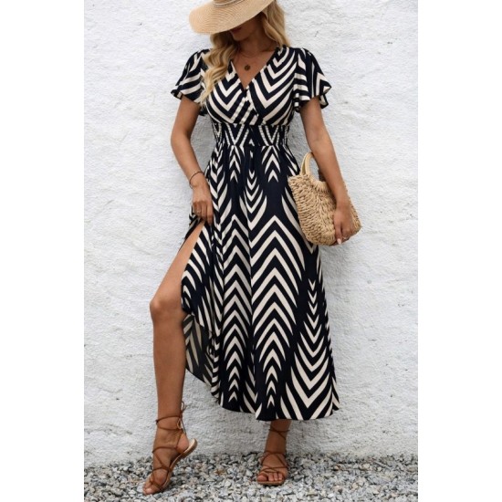 Kadın Kısa Fırfır Kollu Kruvaze Yakalı Beli Lastikli Desenli Uzun Elbise, 32793