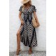 Kadın Kısa Fırfır Kollu Kruvaze Yakalı Beli Lastikli Desenli Uzun Elbise, 32793