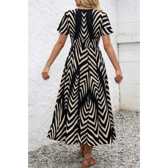 Kadın Kısa Fırfır Kollu Kruvaze Yakalı Beli Lastikli Desenli Uzun Elbise, 32793