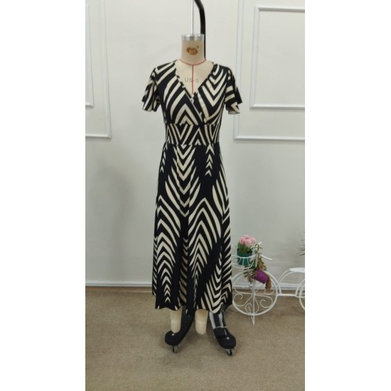 Kadın Kısa Fırfır Kollu Kruvaze Yakalı Beli Lastikli Desenli Uzun Elbise, 32793