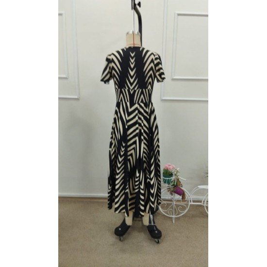 Kadın Kısa Fırfır Kollu Kruvaze Yakalı Beli Lastikli Desenli Uzun Elbise, 32793