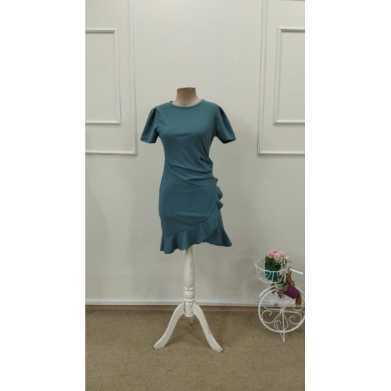 Kadın Kısa Kollu Bisiklet Yaka önden Volanlı Ithal Krep Elbise , 32792