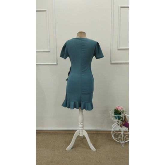 Kadın Kısa Kollu Bisiklet Yaka önden Volanlı Ithal Krep Elbise , 32792