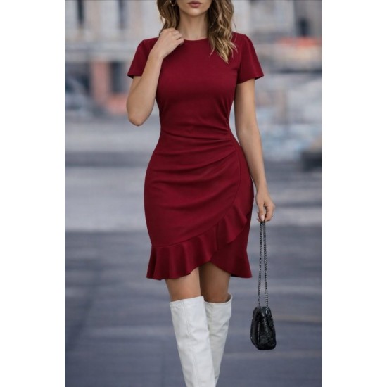 Kadın Kısa Kollu Bisiklet Yaka önden Volanlı Ithal Krep Elbise , 32790