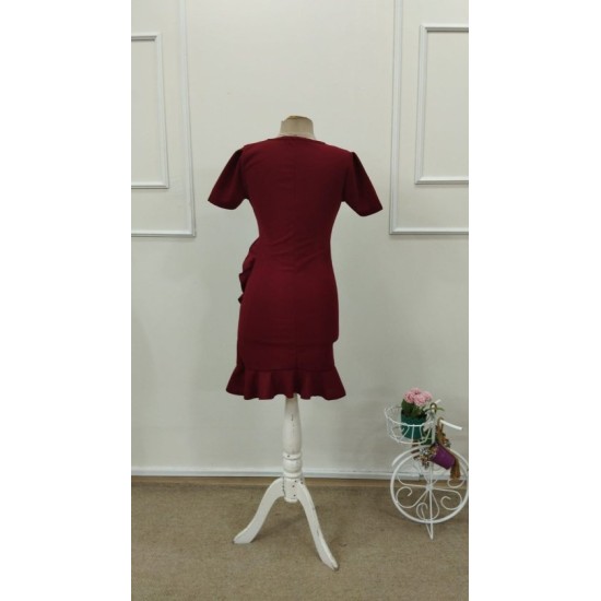 Kadın Kısa Kollu Bisiklet Yaka önden Volanlı Ithal Krep Elbise , 32790