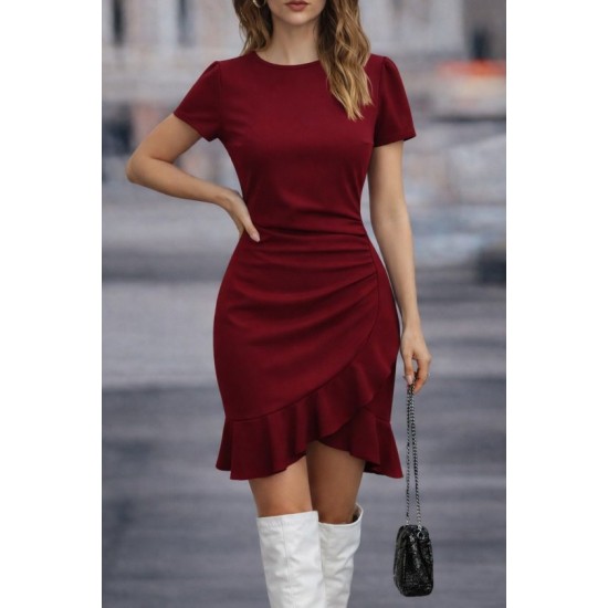 Kadın Kısa Kollu Bisiklet Yaka önden Volanlı Ithal Krep Elbise , 32790