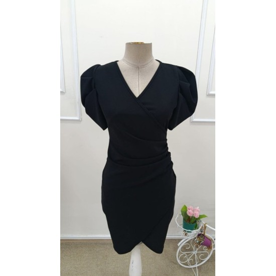 Kadın Kısa Kollu Kruvaze Yakalı Asımetrık Kesım Detaylı Kısa Ithal Krep Elbise, 32801