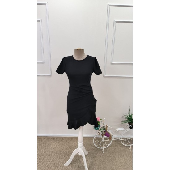 Kadın Kısa Kollu Bisiklet Yaka önden Volanlı Ithal Krep Elbise , 32799