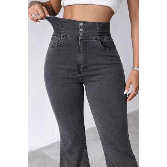 Kadın Yüksek Bel Yanları Lastik önü Düğmeli Kot Pantolon , 32827