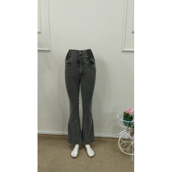 Kadın Yüksek Bel Yanları Lastik önü Düğmeli Kot Pantolon , 32827