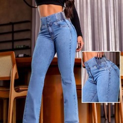 Kadın Yüksek Bel Yanları Lastik önü Düğmeli Kot Pantolon , 32826