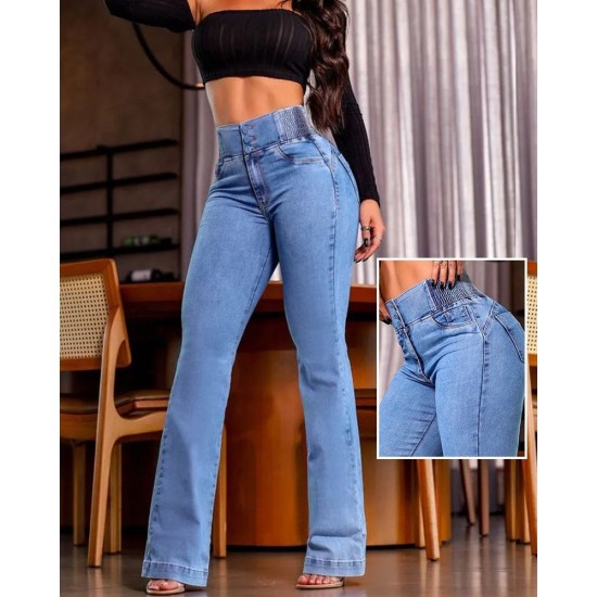 Kadın Yüksek Bel Yanları Lastik önü Düğmeli Kot Pantolon , 32826