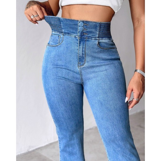 Kadın Yüksek Bel Yanları Lastik önü Düğmeli Kot Pantolon , 32826