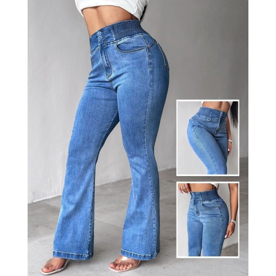 Kadın Yüksek Bel Yanları Lastik önü Düğmeli Kot Pantolon , 32826