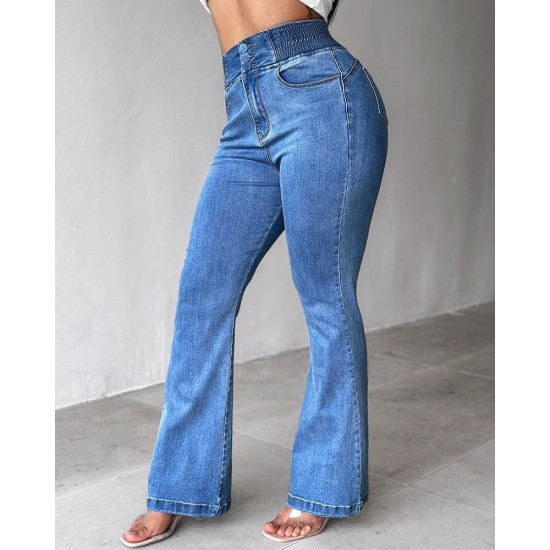 Kadın Yüksek Bel Yanları Lastik önü Düğmeli Kot Pantolon , 32826