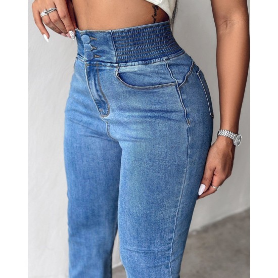 Kadın Yüksek Bel Yanları Lastik önü Düğmeli Kot Pantolon , 32826