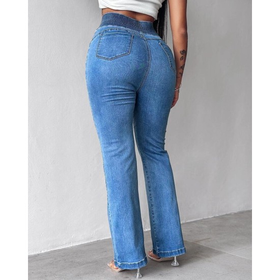 Kadın Yüksek Bel Yanları Lastik önü Düğmeli Kot Pantolon , 32826