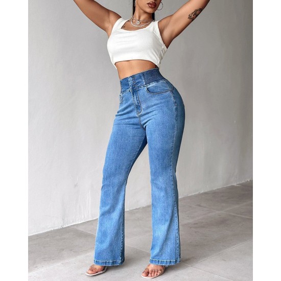 Kadın Yüksek Bel Yanları Lastik önü Düğmeli Kot Pantolon , 32826