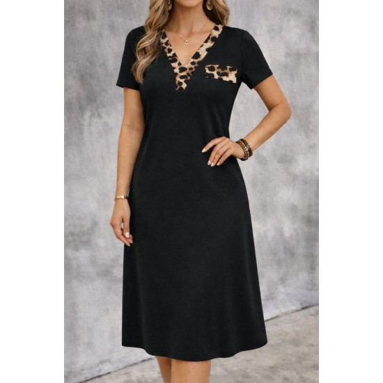 Kadın Kısa Kollu V Yakalı Süs Cep Detaylı Midi Viskon Elbise, 32847