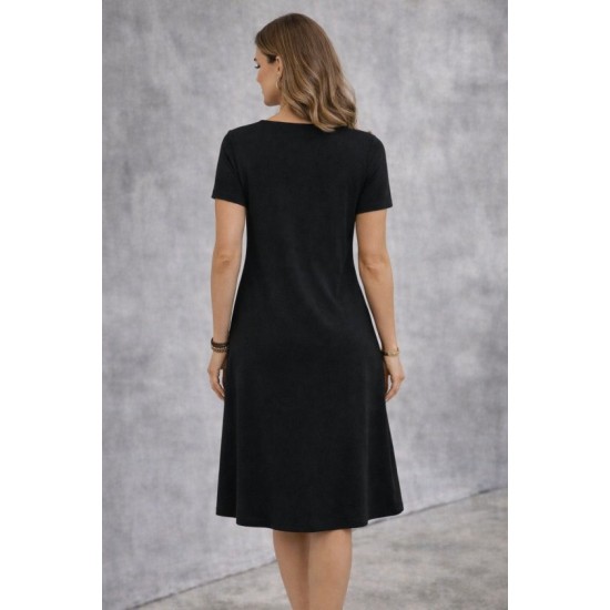 Kadın Kısa Kollu V Yakalı Süs Cep Detaylı Midi Viskon Elbise, 32847