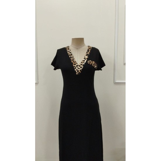 Kadın Kısa Kollu V Yakalı Süs Cep Detaylı Midi Viskon Elbise, 32847