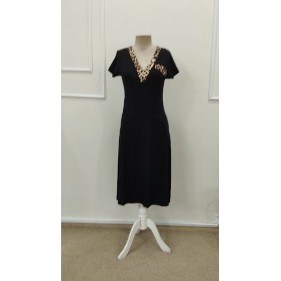 Kadın Kısa Kollu V Yakalı Süs Cep Detaylı Midi Viskon Elbise, 32847