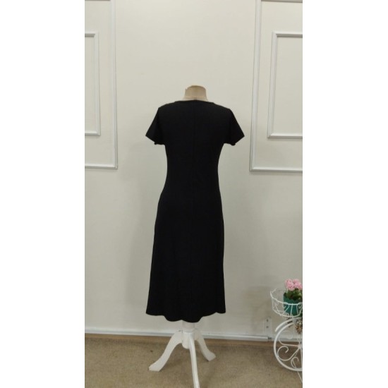 Kadın Kısa Kollu V Yakalı Süs Cep Detaylı Midi Viskon Elbise, 32847