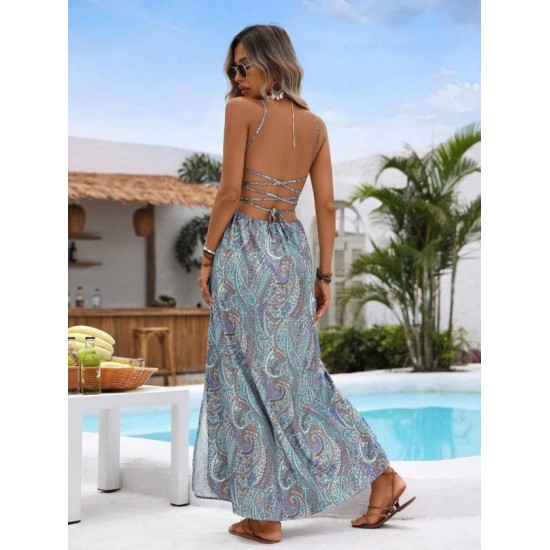 Kadın Ip Askılı Arkadan çapraz Kesim Detaylı Uzun Desenli Süprem Elbise, 32846