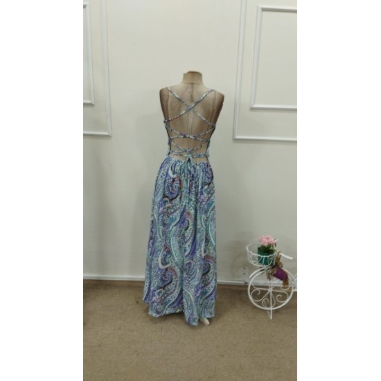 Kadın Ip Askılı Arkadan çapraz Kesim Detaylı Uzun Desenli Süprem Elbise, 32846