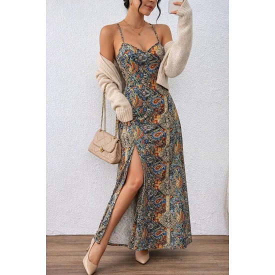 Kadın Ip Askılı Arkadan çapraz Kesim Detaylı Uzun Desenli Süprem Elbise, 32845