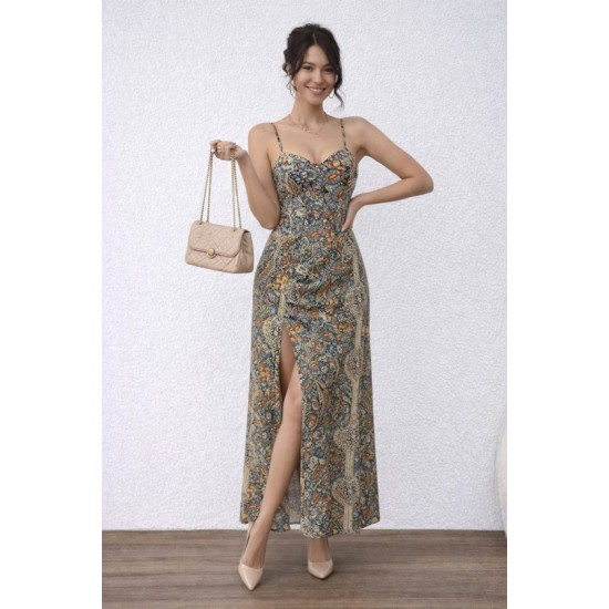 Kadın Ip Askılı Arkadan çapraz Kesim Detaylı Uzun Desenli Süprem Elbise, 32845