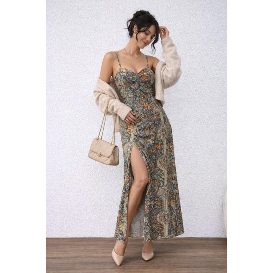 Kadın Ip Askılı Arkadan çapraz Kesim Detaylı Uzun Desenli Süprem Elbise, 32845