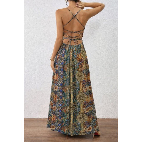 Kadın Ip Askılı Arkadan çapraz Kesim Detaylı Uzun Desenli Süprem Elbise, 32845